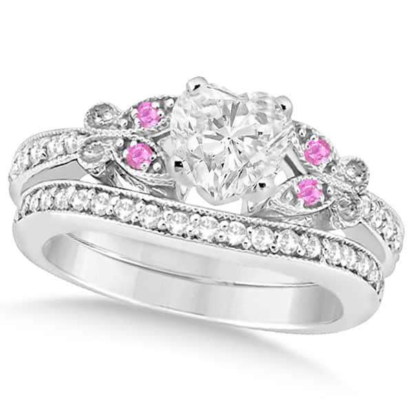 Heart Diamond & Pink Sapphire Butterfly Bridal Set in 14k W Gold (0.96ct)