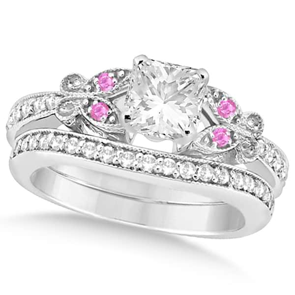 Princess Diamond & Pink Sapphire Butterfly Bridal Set in 14k W Gold (0.71ct)