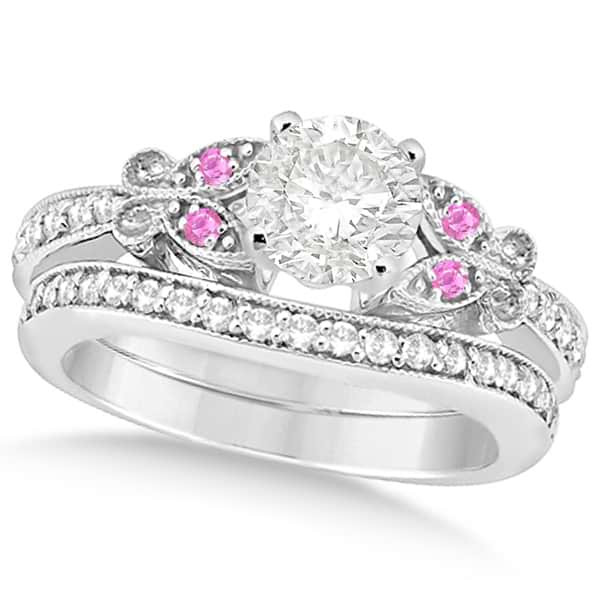 Round Diamond & Pink Sapphire Butterfly Bridal Set in 14k W Gold 1.71ct