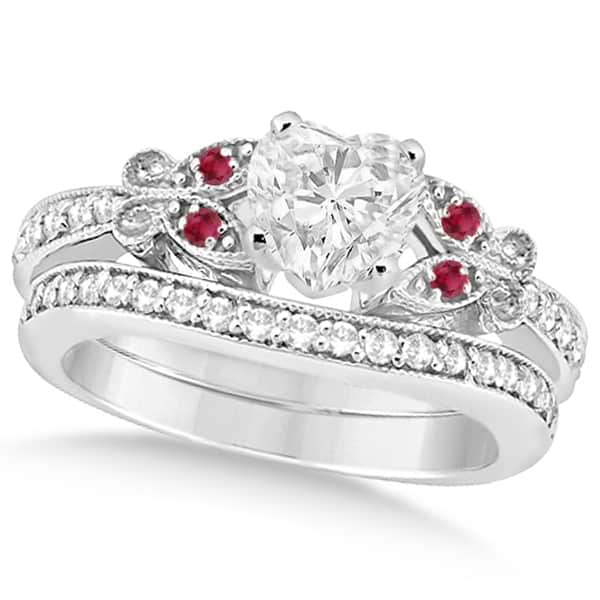 Heart Diamond & Ruby Butterfly Bridal Set in 14k White Gold (1.21ct)