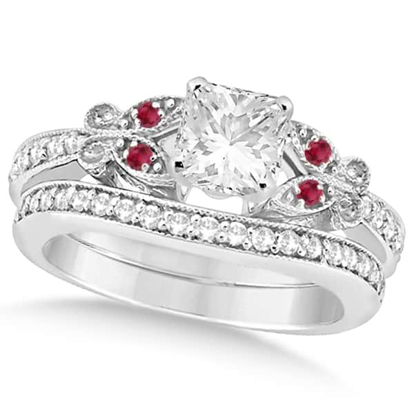 Princess Diamond & Ruby Butterfly Bridal Set 14k White Gold (0.96ct)