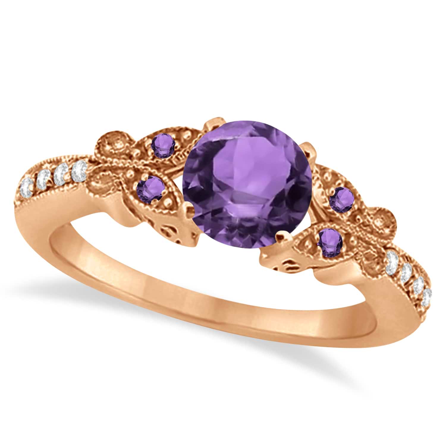 Butterfly Amethyst & Diamond Engagement Ring 14K Rose Gold 0.88ctw