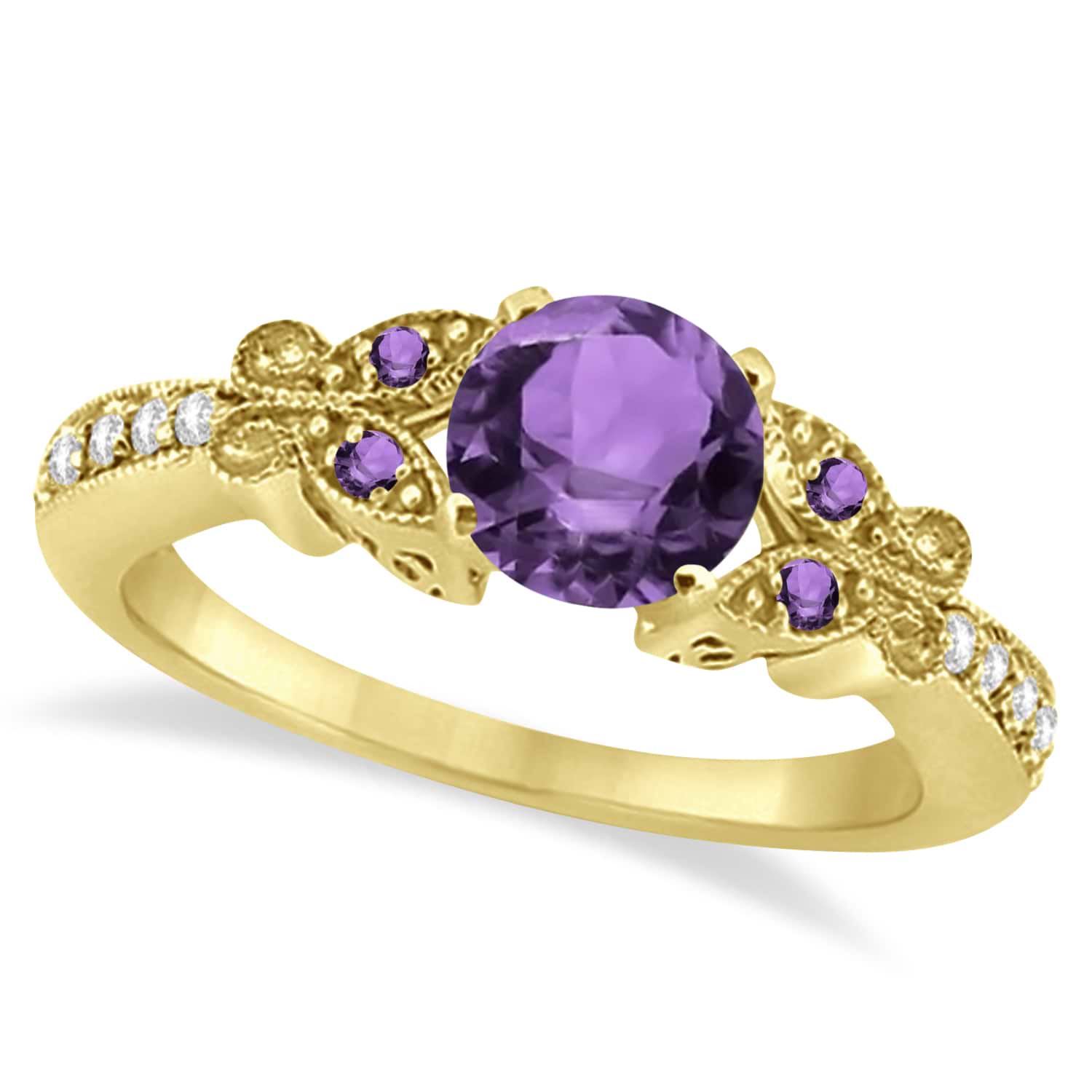 Butterfly Amethyst & Diamond Engagement Ring 14K Yellow Gold 0.88ctw