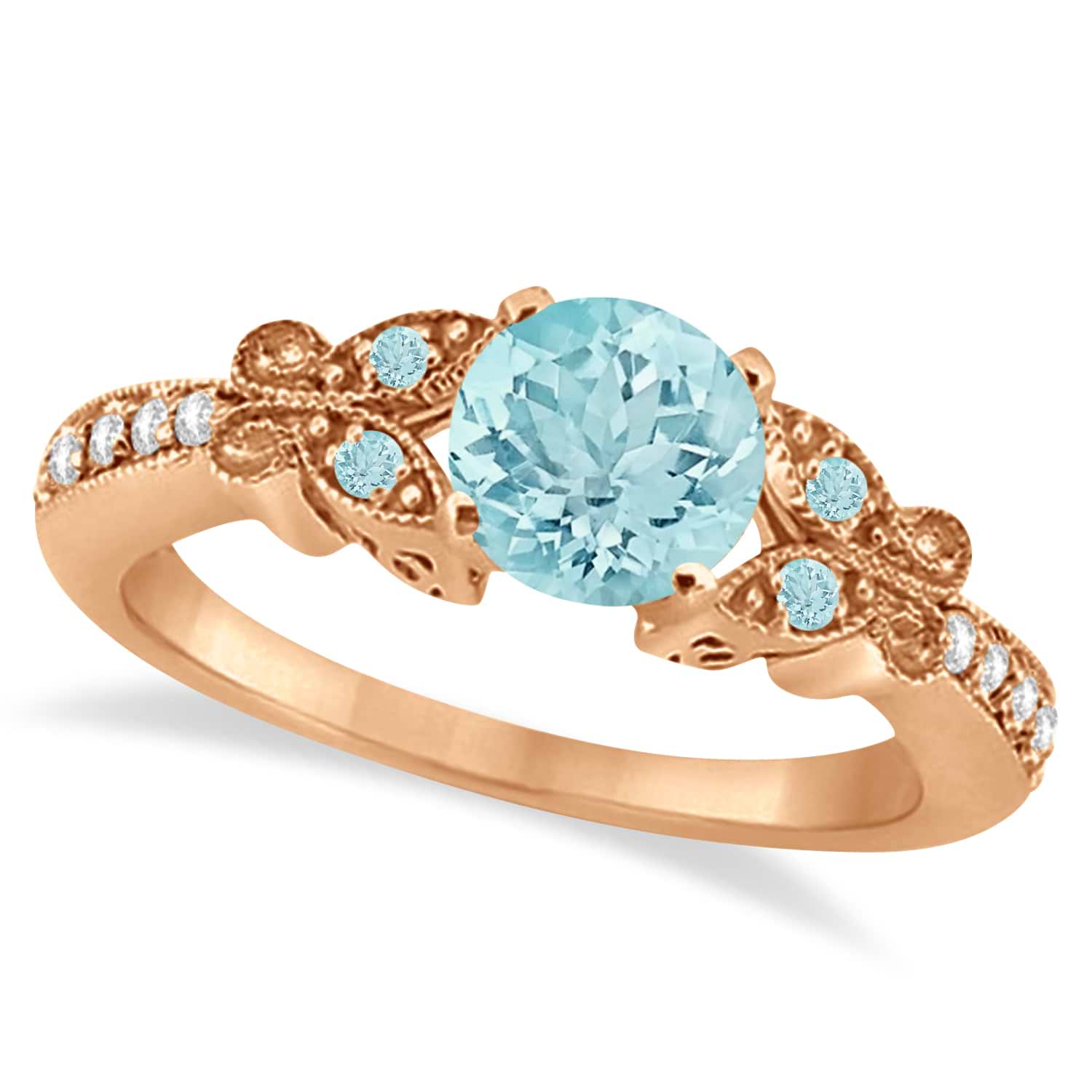 Butterfly Aquamarine & Diamond Engagement Ring 14K Rose Gold 0.73ct