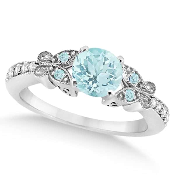 Butterfly Aquamarine & Diamond Engagement Ring 14K White Gold 0.73ct