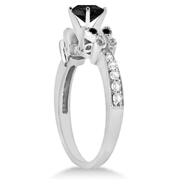 Butterfly White & Black Diamond Engagement Ring 14K White Gold 0.67ct