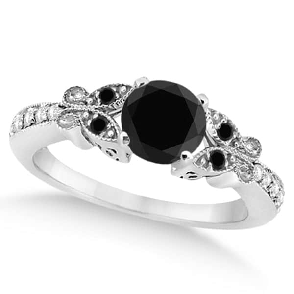 Butterfly Black and White Diamond Engagement Ring 14K White Gold .92ct