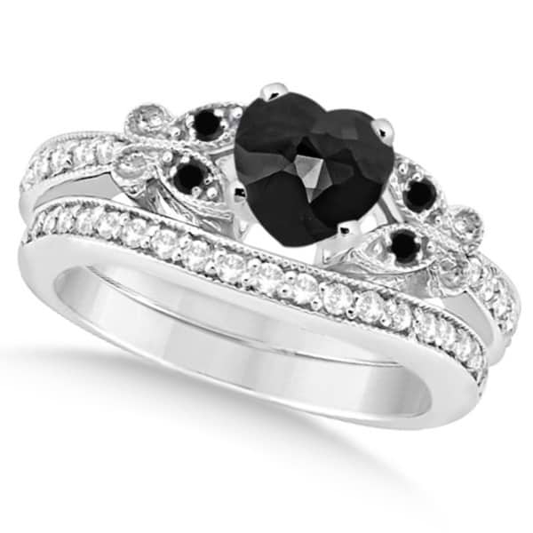 Butterfly Black and White Diamond Heart Bridal Set 14k W Gold 1.89ct