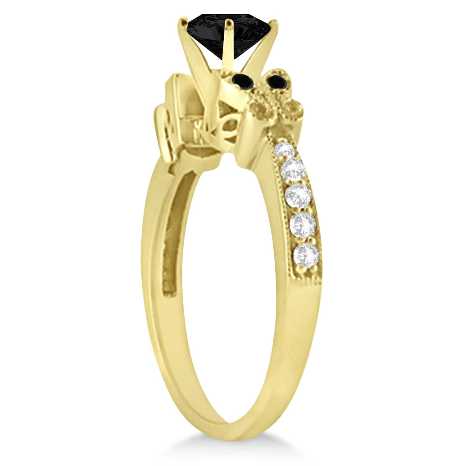 Butterfly Black and White Diamond Engagement Ring 18K Yellow Gold .92ct