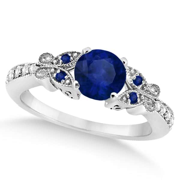 Butterfly Blue Sapphire & Diamond Engagement Ring 14k W. Gold (1.83ct)