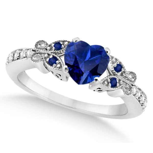 Butterfly Blue Sapphire & Diamond Heart Engagement 14K W Gold 1.33ct