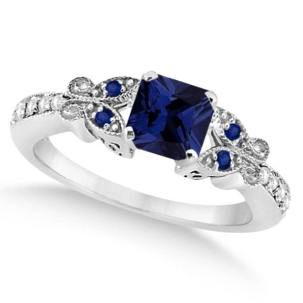 Butterfly Blue Sapphire & Diamond Princess Ring 14K W. Gold 1.33ct