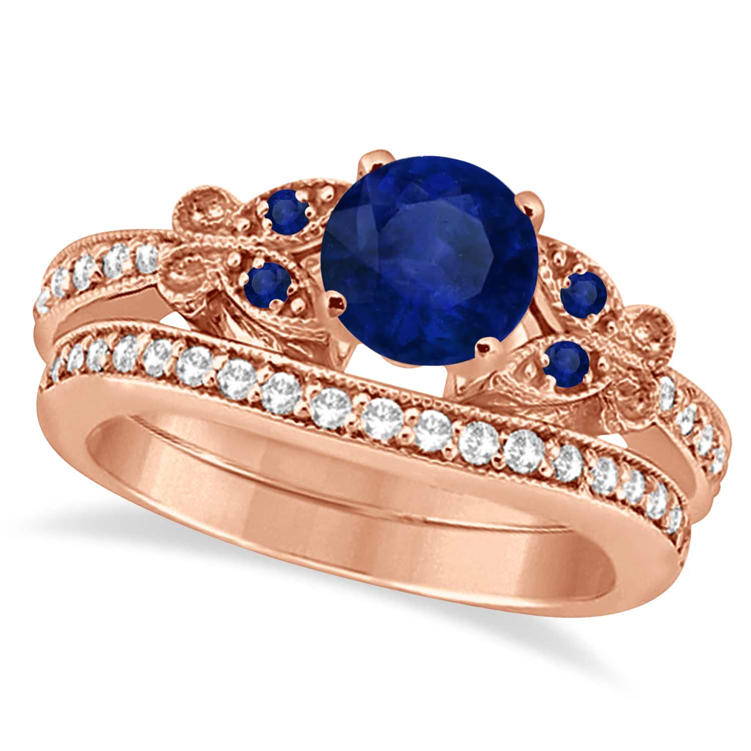 Butterfly Blue Sapphire & Diamond Bridal Set 14k Rose Gold 1.10ct