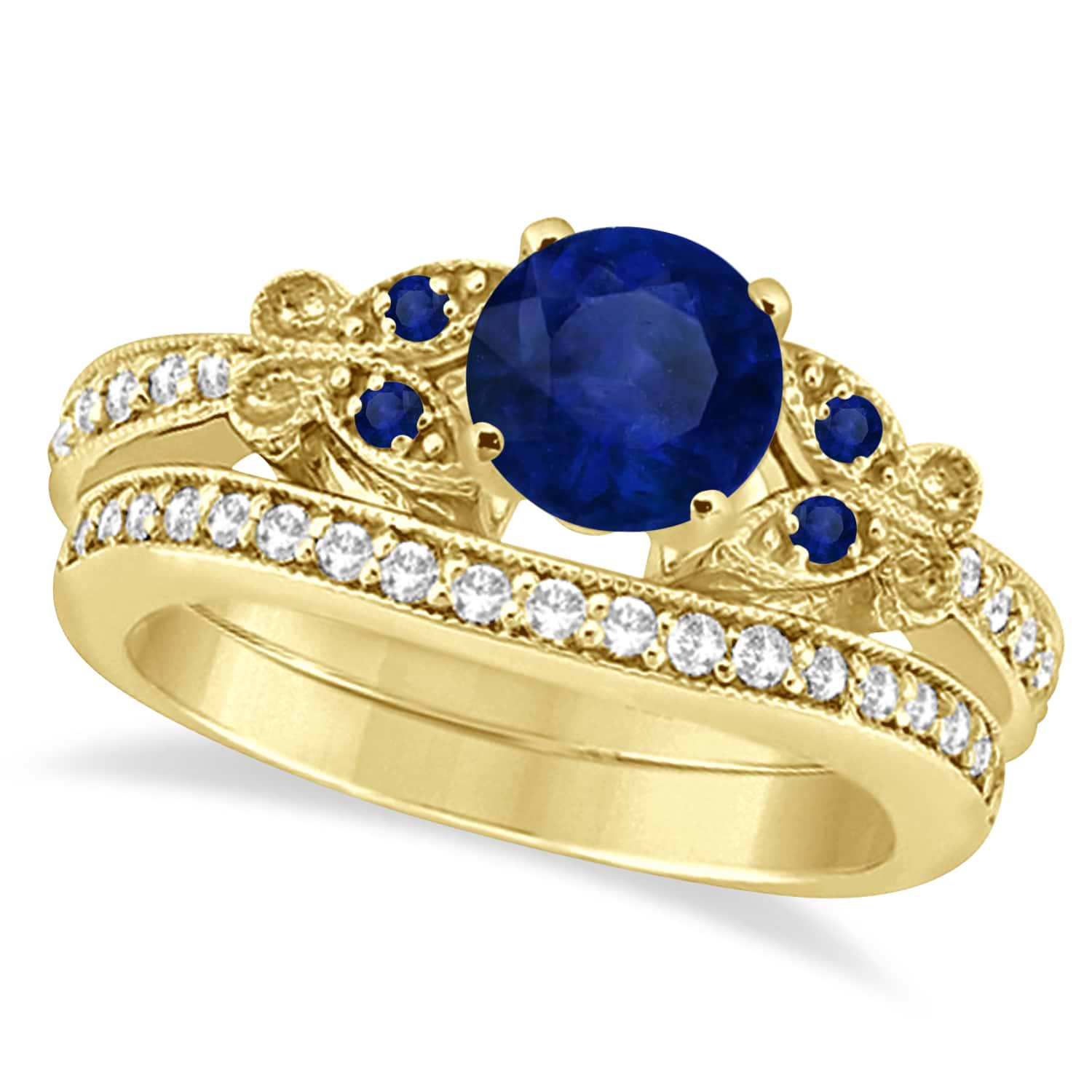 Butterfly Blue Sapphire & Diamond Bridal Set 18K Yellow Gold 1.50ct