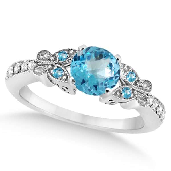 Butterfly Blue Topaz & Diamond Engagement Ring 14K White Gold 0.88ct
