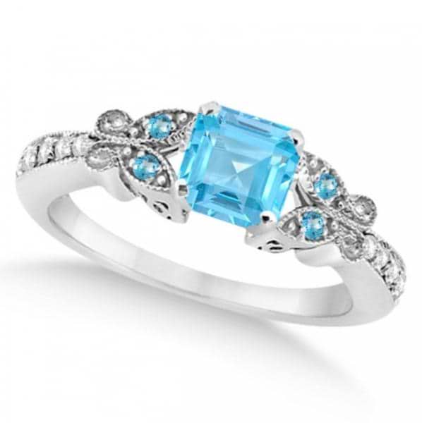 Butterfly Blue Topaz & Diamond Princess Ring 14K White Gold 1.33ct