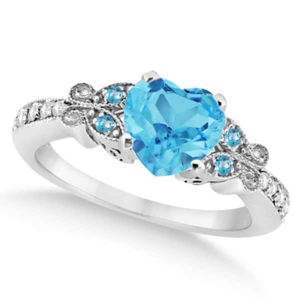 Butterfly Blue Topaz & Diamond Heart Engagement Ring 14K W Gold 1.73ct