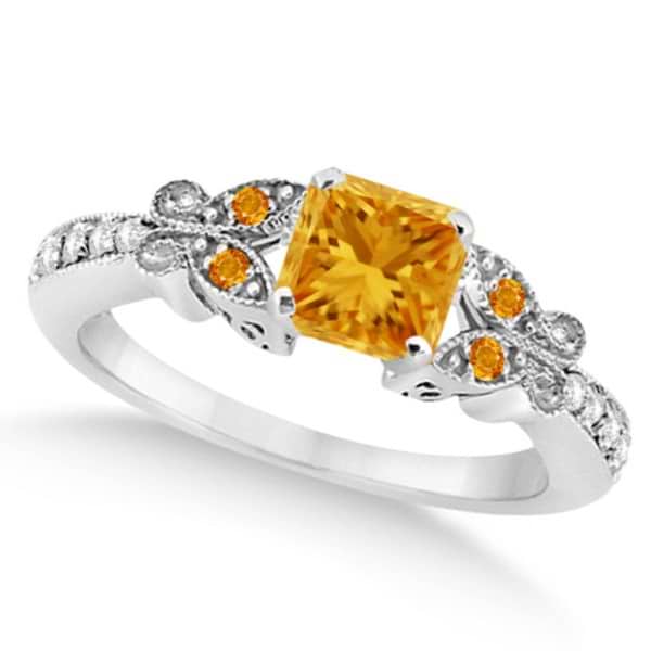 Butterfly Citrine & Diamond Princess Engagement Ring 14k W Gold 1.33ct
