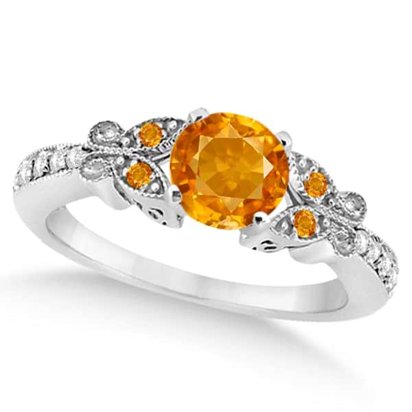 Butterfly Genuine Citrine & Diamond Engagement Ring 18k W. Gold (0.88ct)