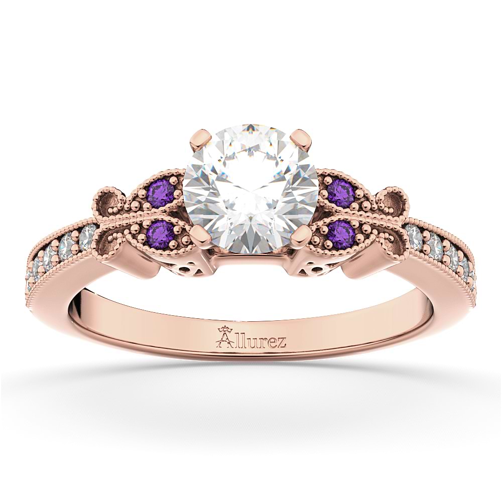 Butterfly Diamond & Amethyst Engagement Ring 18k Rose Gold (0.20ct)