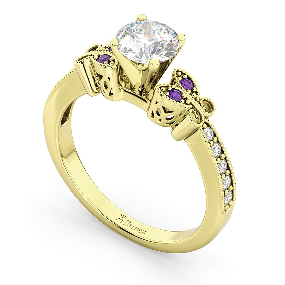 Butterfly Diamond & Amethyst Engagement Ring 18k Yellow Gold (0.20ct)