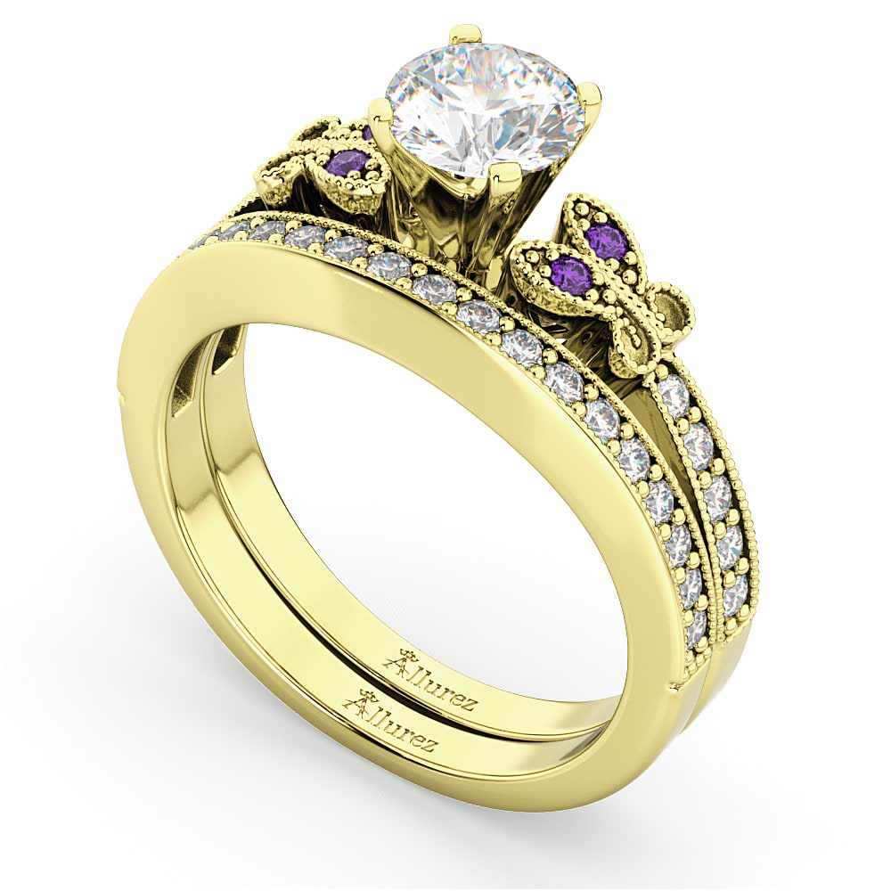 Butterfly Diamond & Amethyst Bridal Set 14k Yellow Gold (0.42ct)