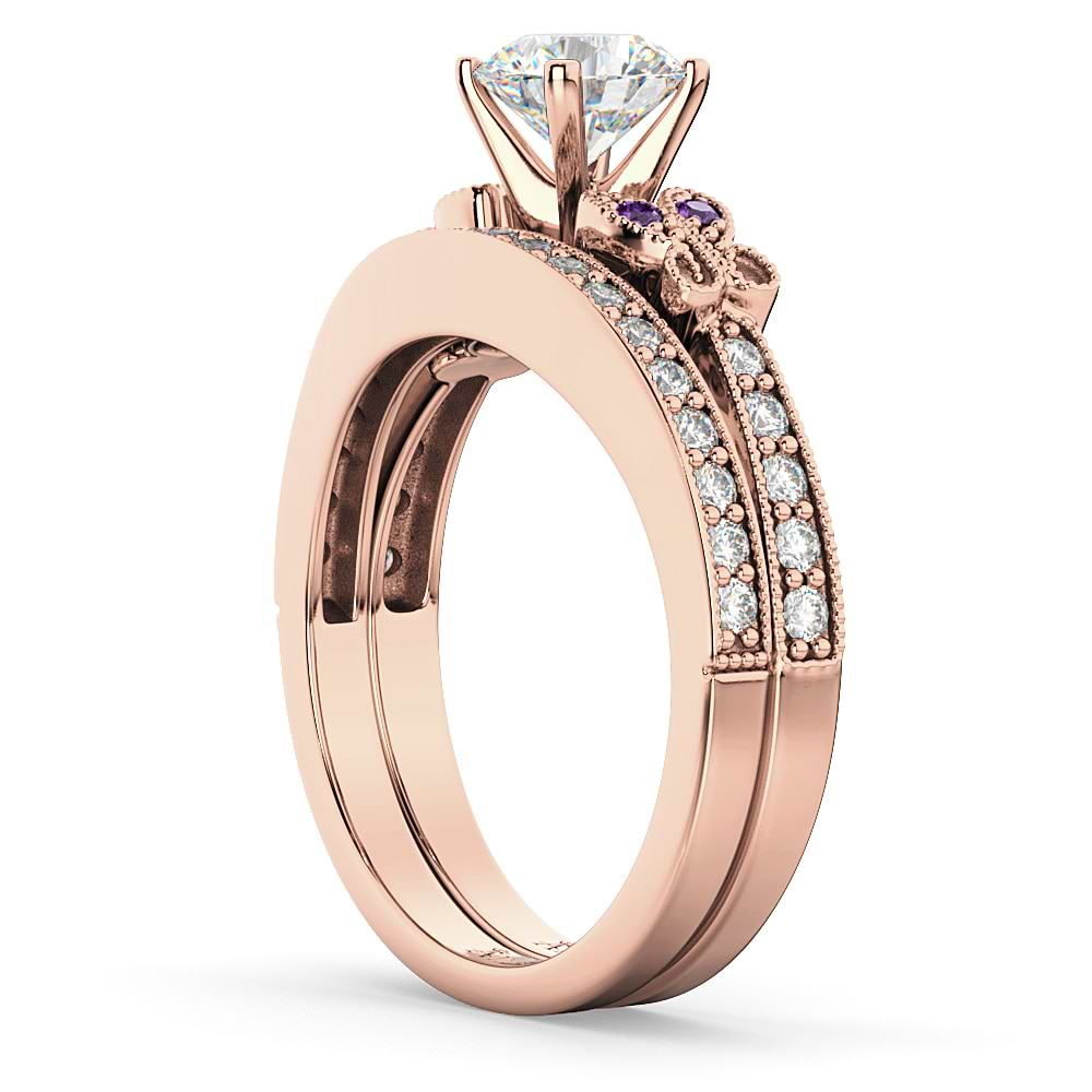 Butterfly Diamond & Amethyst Bridal Set 18k Rose Gold (0.42ct)