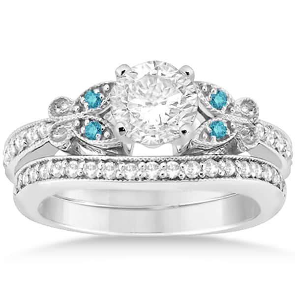 Blue Diamond Butterfly Bridal Set in 18k White Gold (0.38ct)
