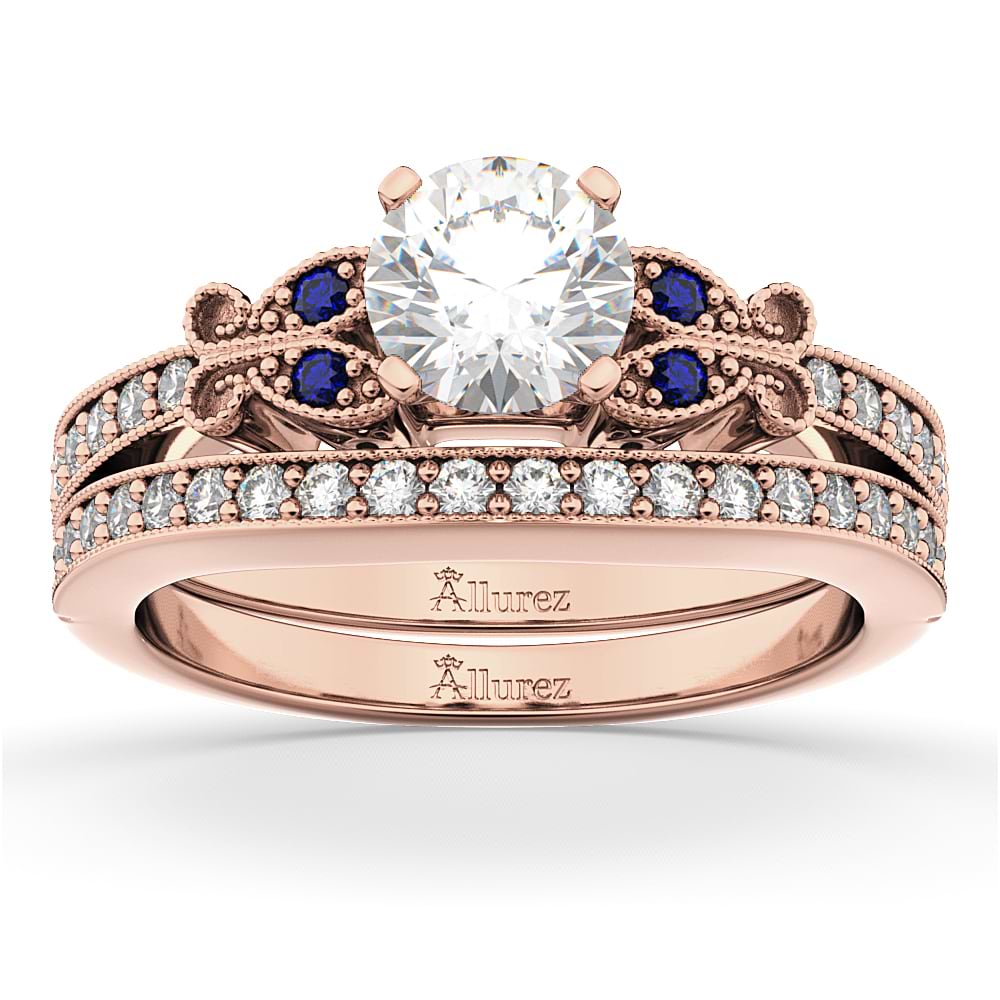 Butterfly Diamond & Blue Sapphire Bridal Set 18k Rose Gold (0.42ct)