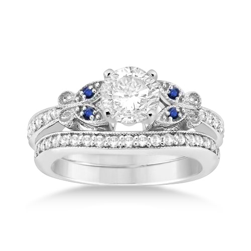Butterfly Diamond & Blue Sapphire Bridal Set Palladium (0.42ct)