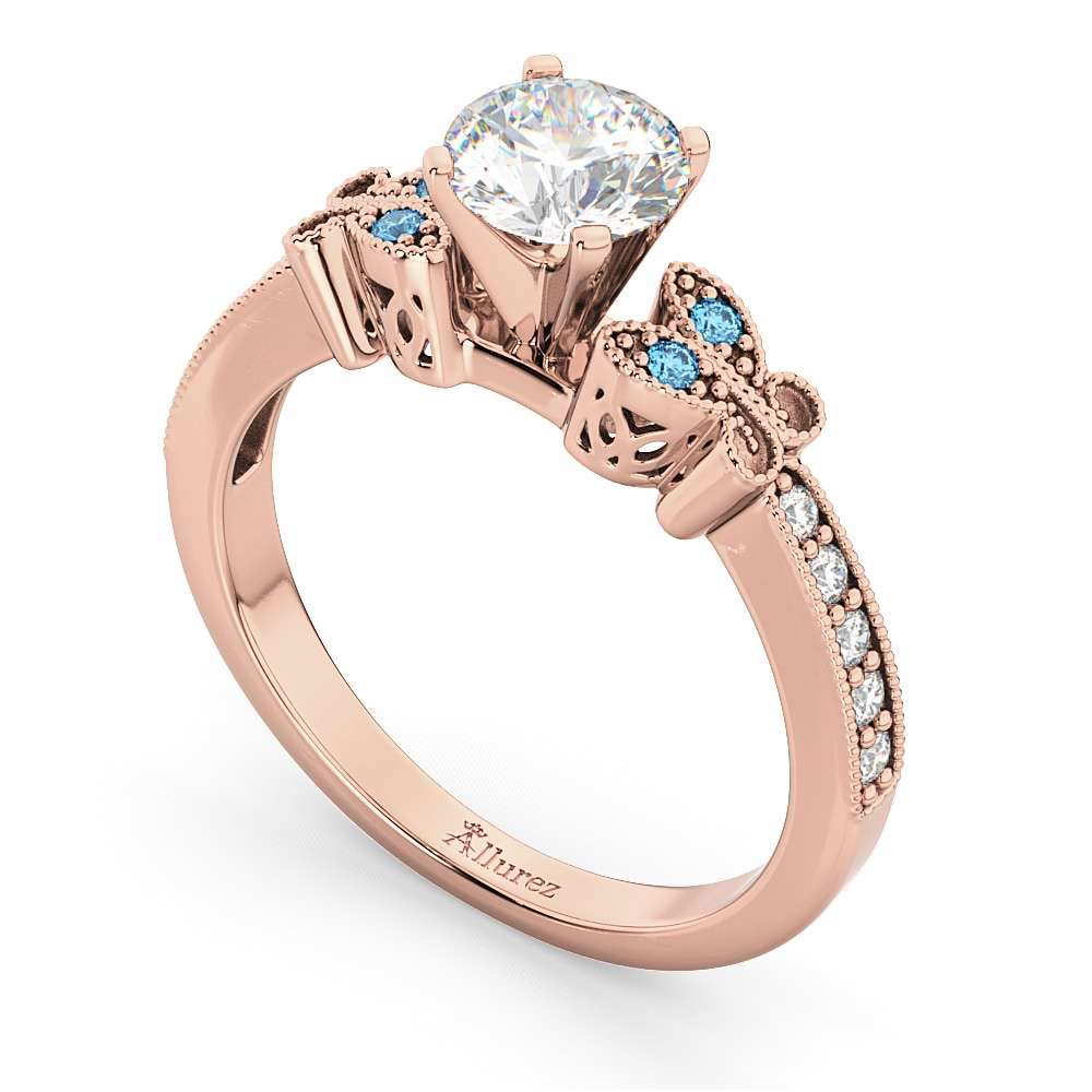 Butterfly Diamond &  Blue Topaz Engagement Ring 14k Rose Gold (0.20ct)