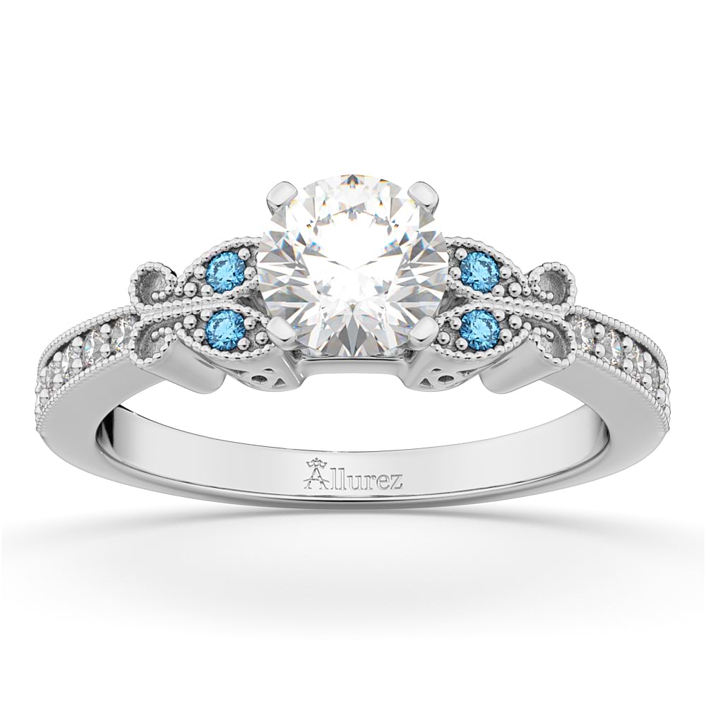 Butterfly Diamond & Blue Topaz Engagement Ring 14k White Gold 0.20ct ...