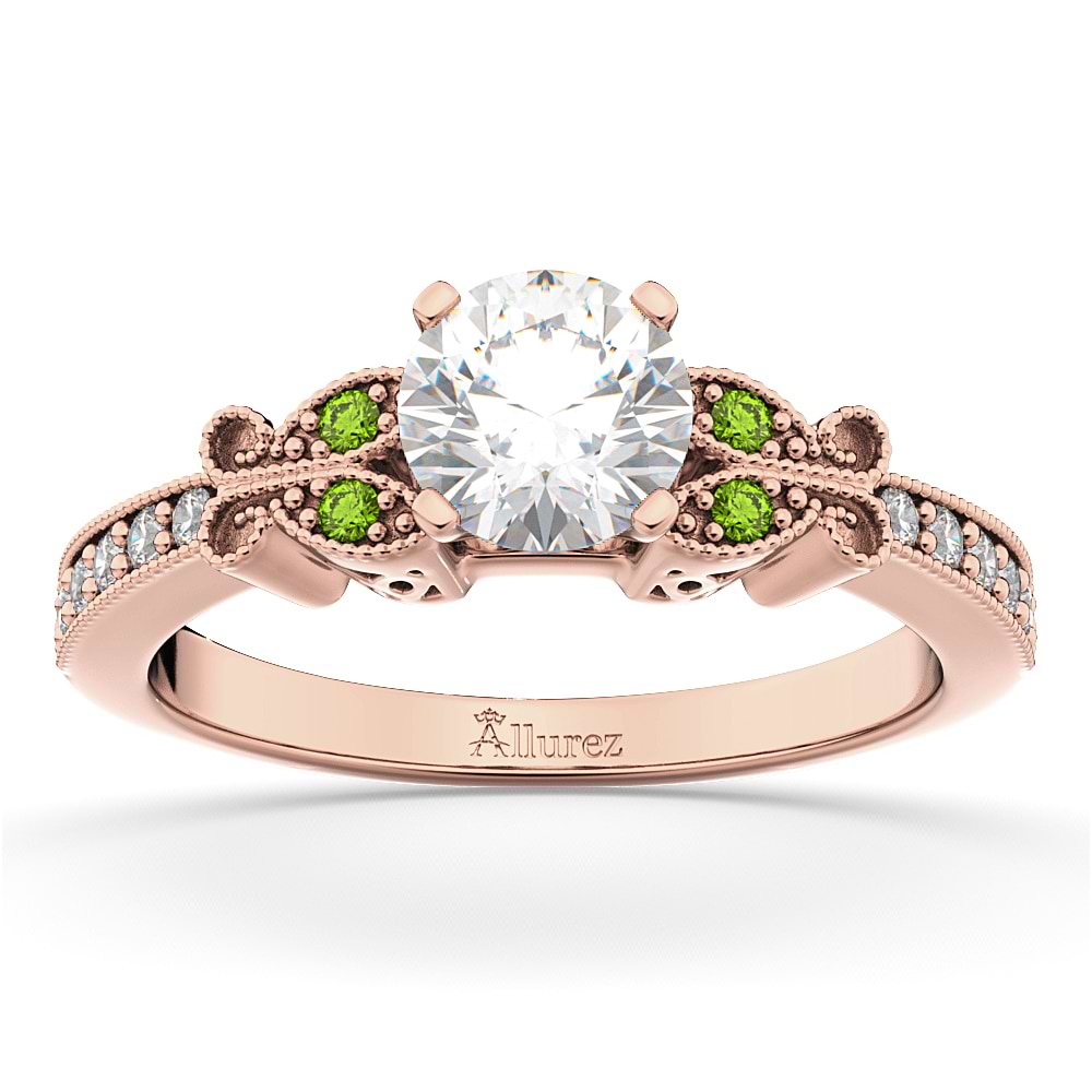 Butterfly Diamond & Peridot Engagement Ring 14k Rose Gold (0.20ct)