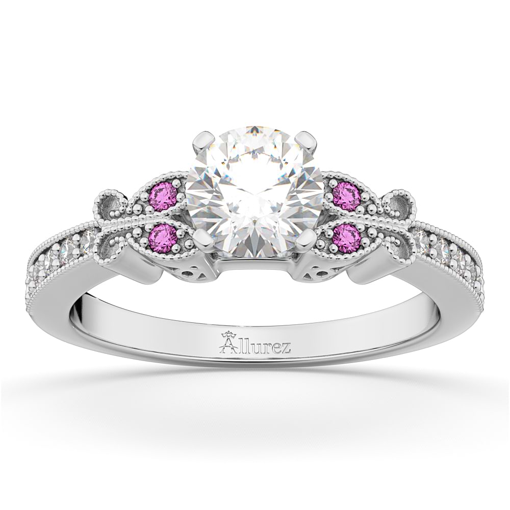 Butterfly Diamond & Pink Sapphire Engagement Ring 14k White Gold (0.20ct)