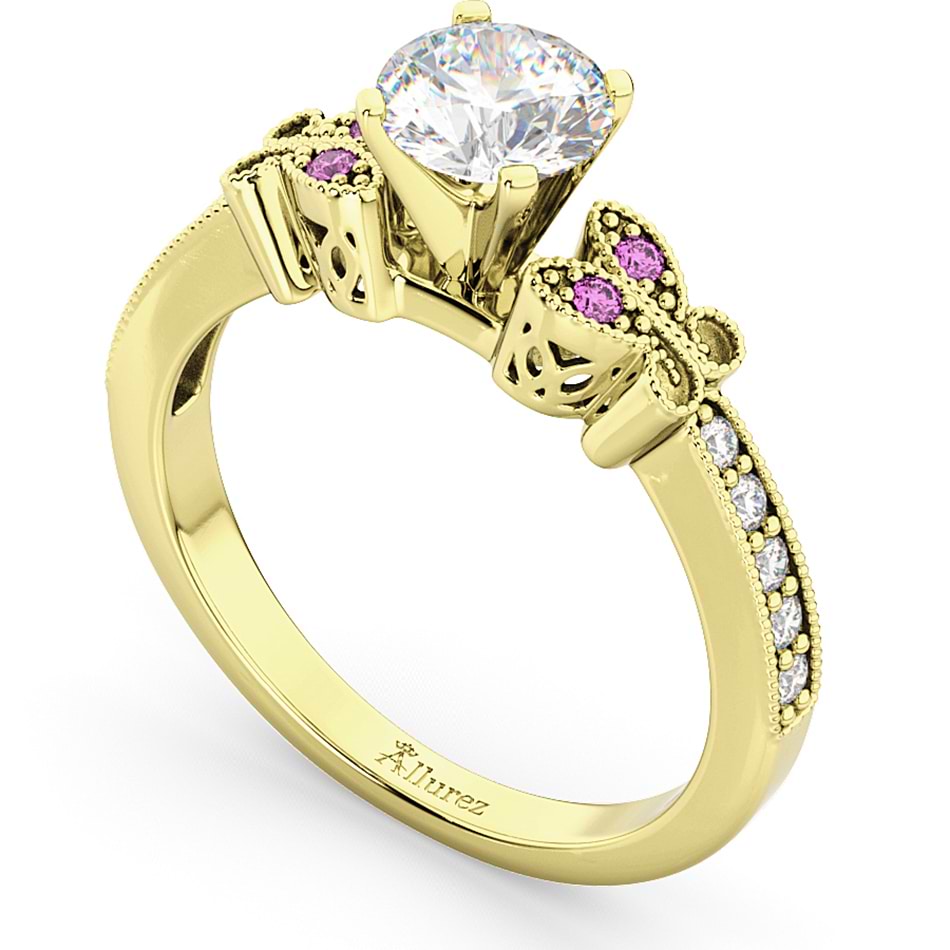 Butterfly Diamond & Pink Sapphire Engagement Ring 14k Yellow Gold (0.20ct)