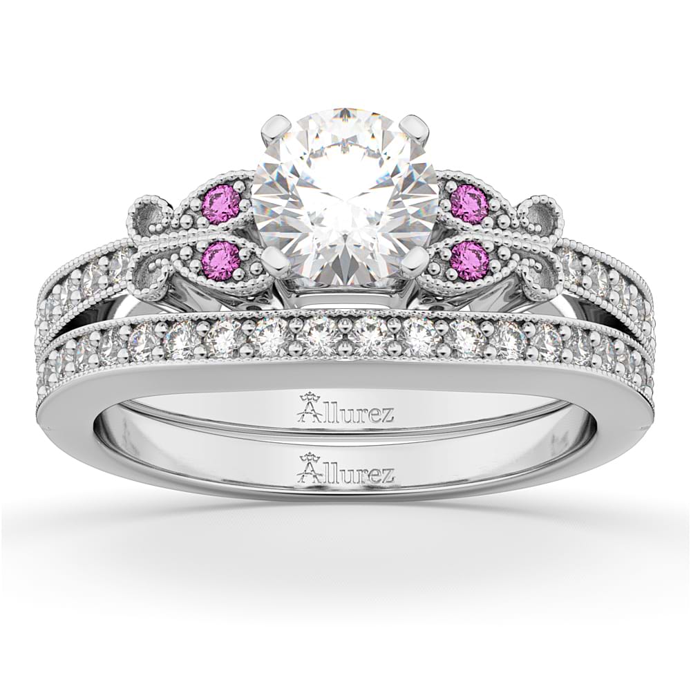 Butterfly Diamond & Pink Sapphire Bridal Set 14k White Gold (0.42ct)