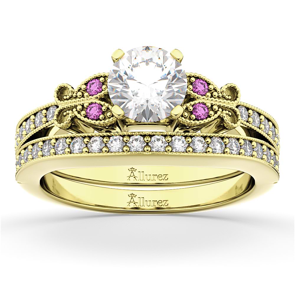 Butterfly Diamond & Pink Sapphire Bridal Set 14k Yellow Gold (0.42ct)