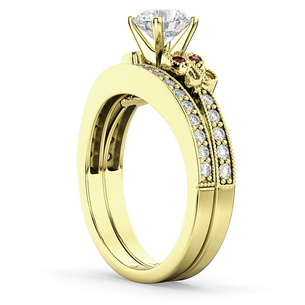 Butterfly Diamond & Ruby Bridal Set 18k Yellow Gold (0.42ct)