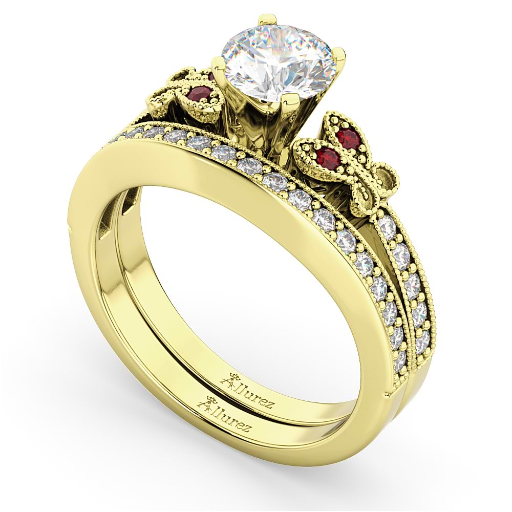 Butterfly Diamond & Ruby Bridal Set 18k Yellow Gold (0.42ct)