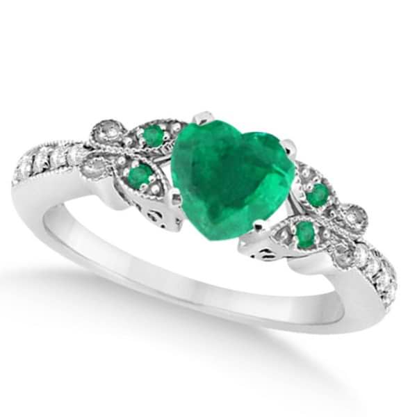 Butterfly Genuine Emerald & Diamond Heart Engagement 14K W Gold 1.31ct