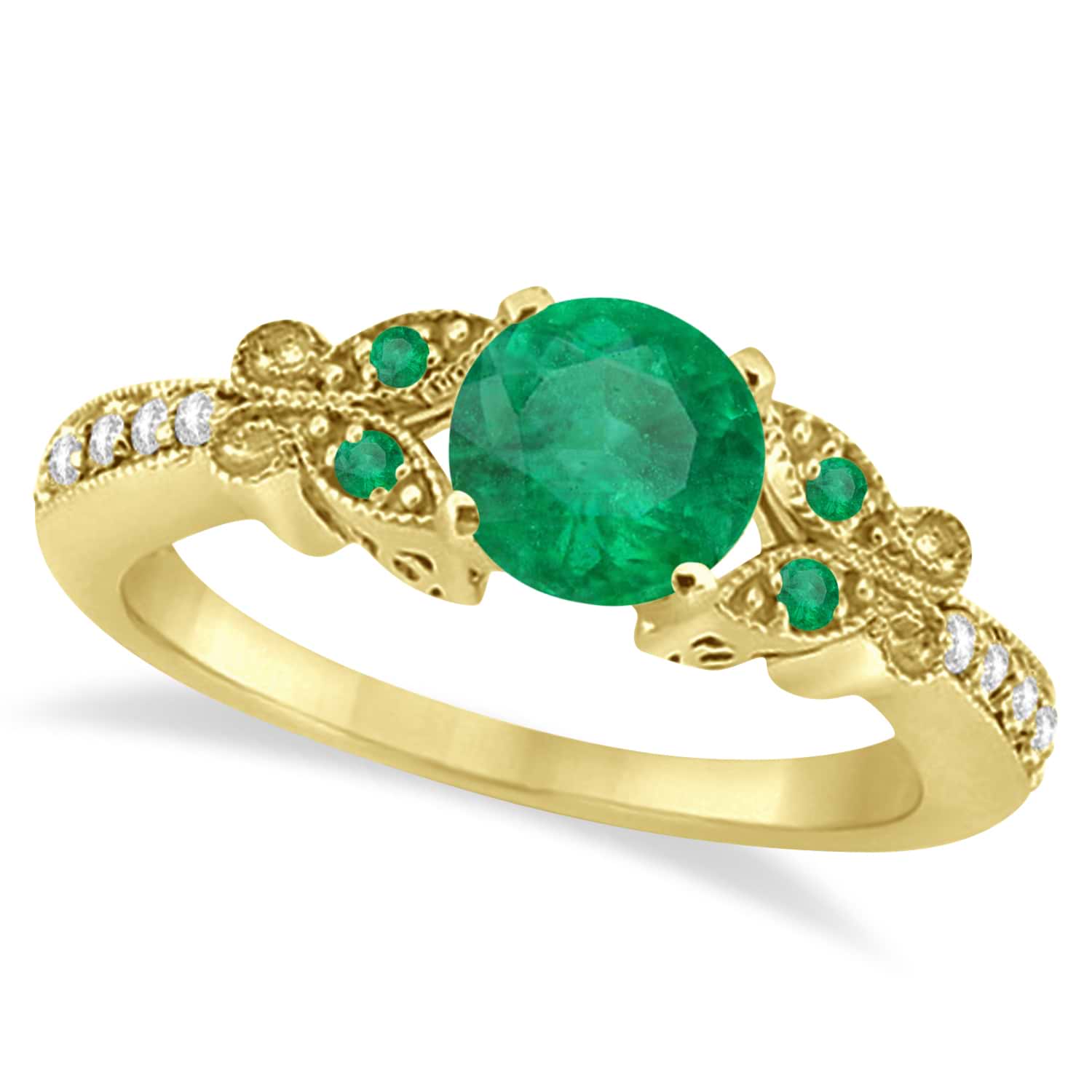 Butterfly Genuine Emerald & Diamond Engagement Ring 14K Yellow Gold 1.11ct