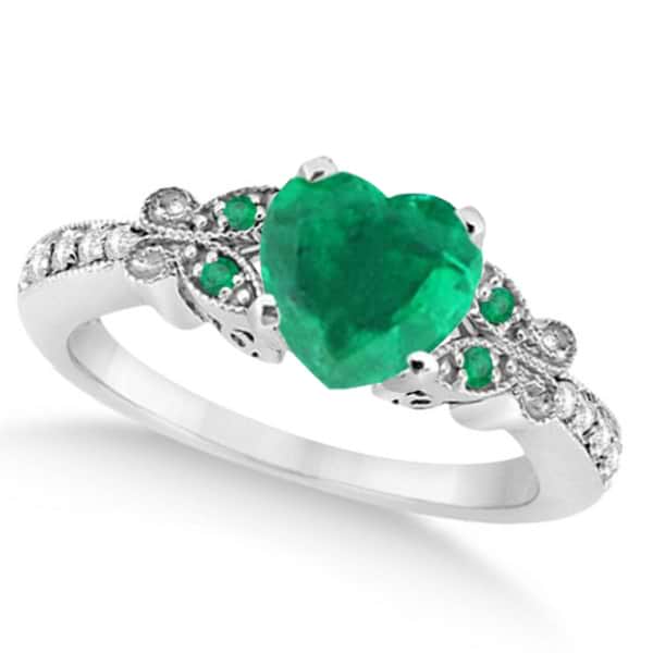 Butterfly Genuine Emerald & Diamond Heart Engagement 14K W Gold 1.71ct