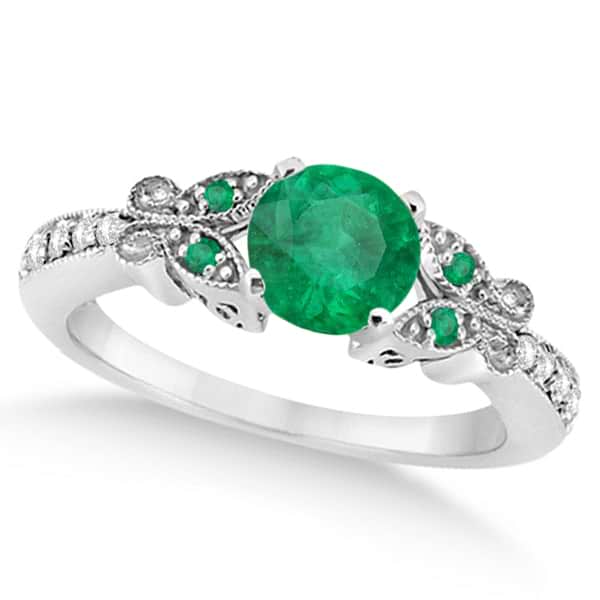 Butterfly Genuine Emerald & Diamond Engagement Ring Palladium (1.11ct)
