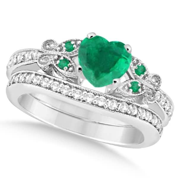 Butterfly Genuine Emerald & Diamond Heart Bridal Set 14k Gold 1.53ct