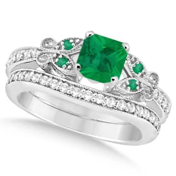 Butterfly Emerald & Diamond Princess Bridal Set 14k White Gold 1.53ct ...