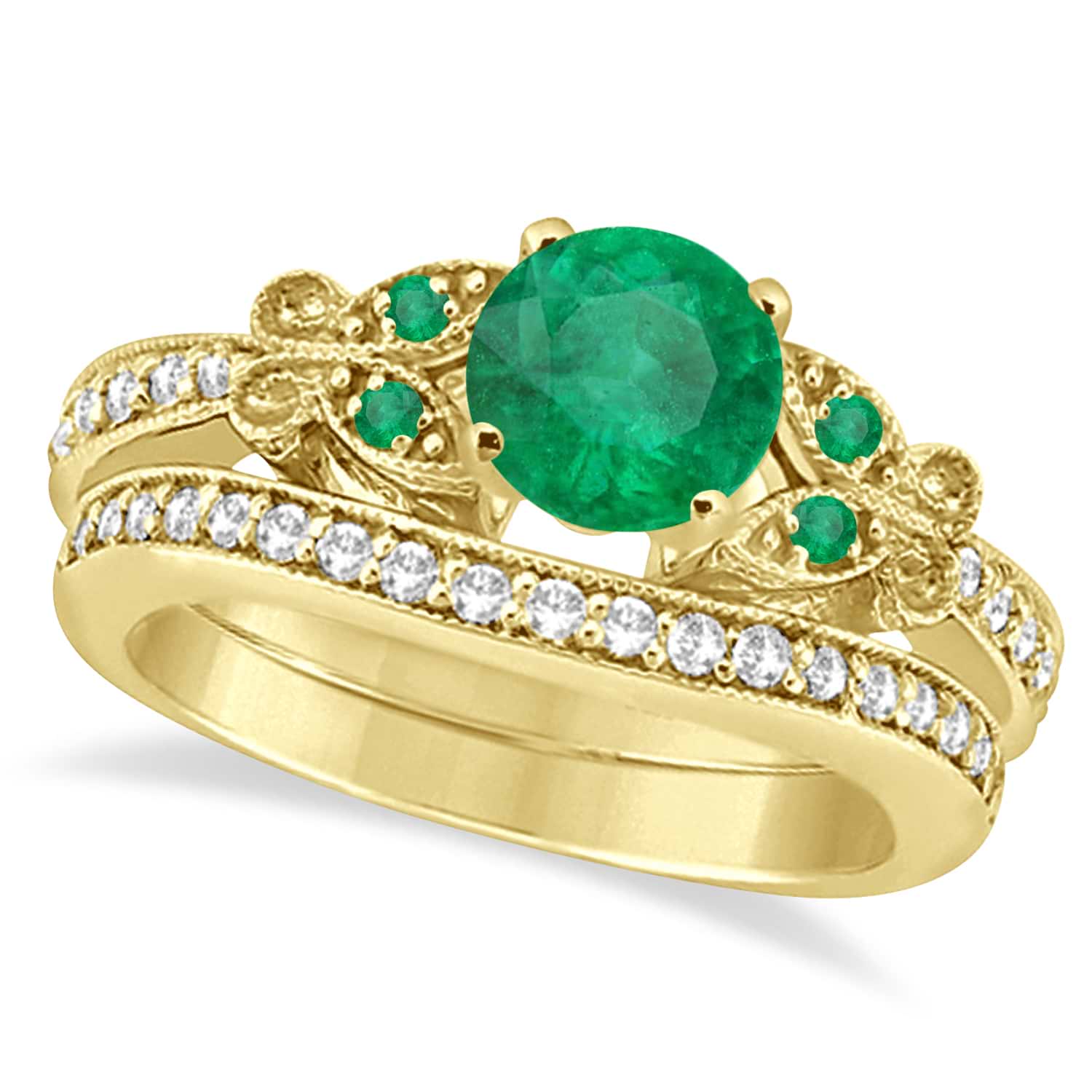 Butterfly Genuine Emerald & Diamond Bridal Set 14k Yellow Gold 0.93ct