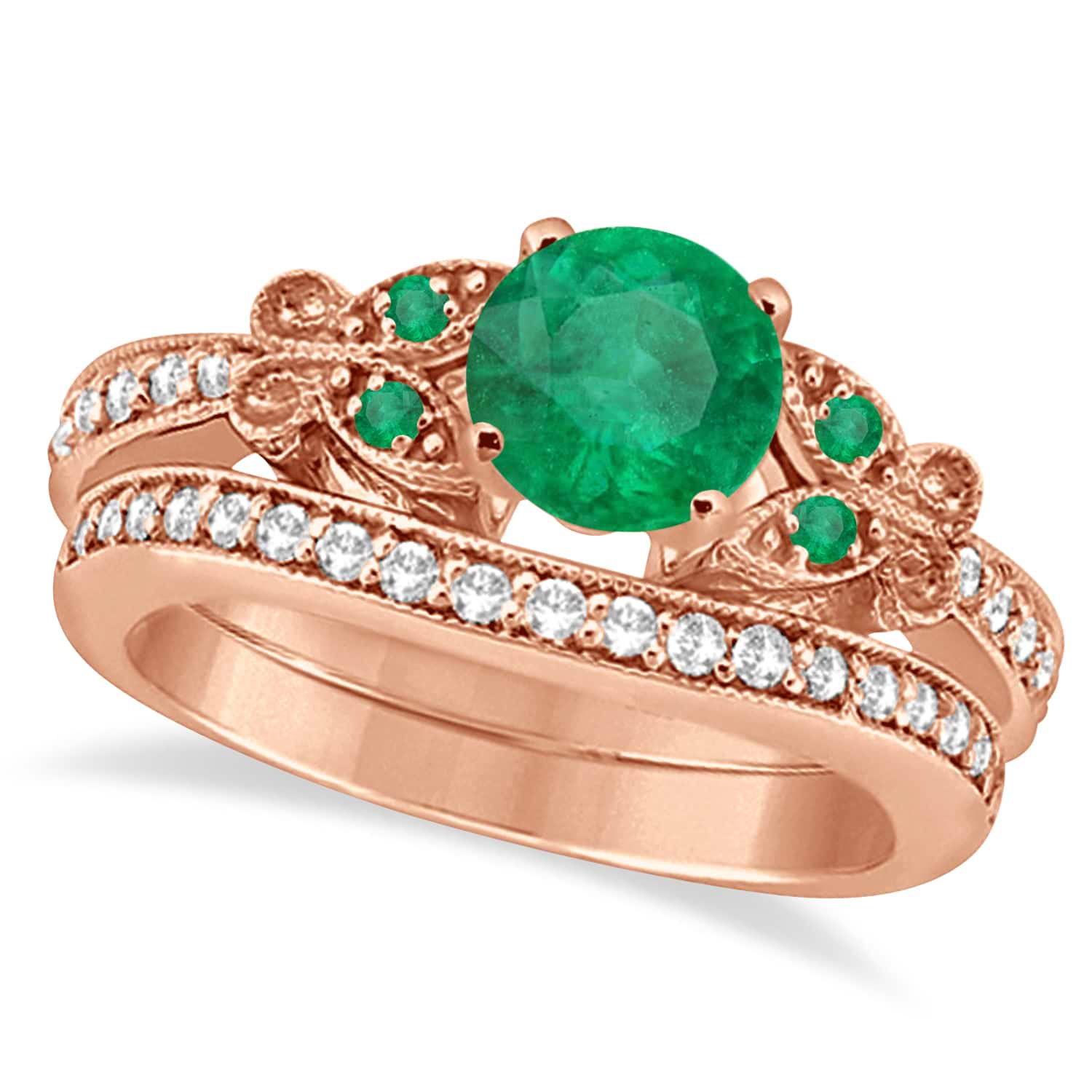 Butterfly Genuine Emerald & Diamond Bridal Set 18K Rose Gold 0.93ct