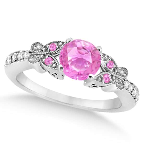 Butterfly Pink Sapphire & Diamond Engagement Ring 14K White Gold .88ct
