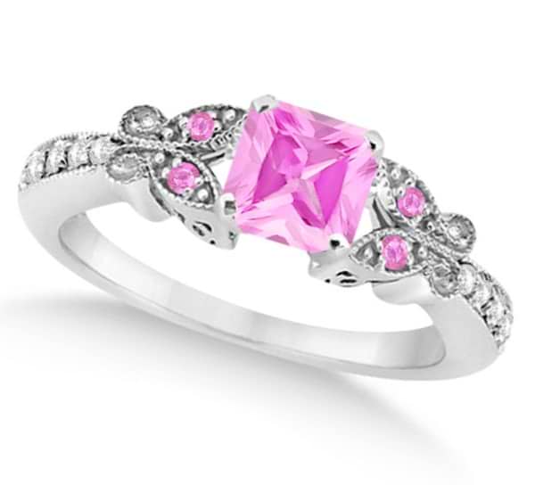 Butterfly Pink Sapphire & Diamond Princess Ring 14K White Gold 1.33ct