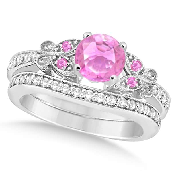 Butterfly Pink Sapphire & Diamond Bridal Set 14k White Gold 1.50ct